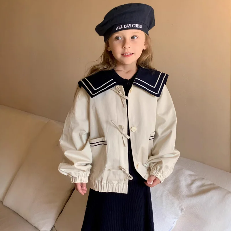 

Girls' Clothing College Style Autumn Jacket New Fashionable Navy Style Top Trench Coat for Little Girls
