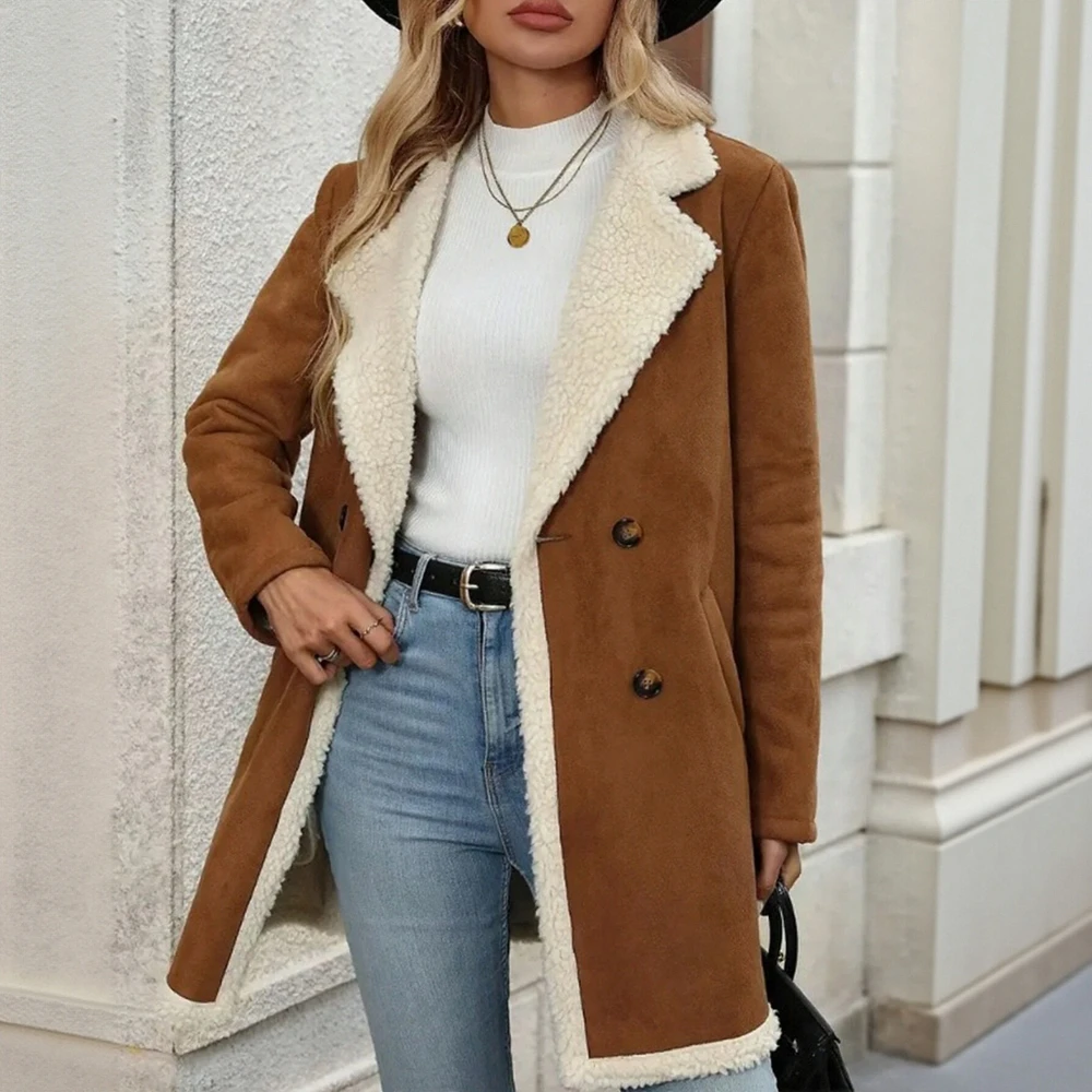 معطف من جلد الغزال مبطن بالصوف الدافئ للنساء لخريف وشتاء نمط جديد ملابس خارجية صوفية متوسطة الطول للنساء #1