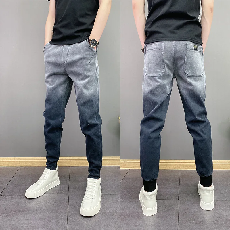 2026 Men's Denim Pants Gradient Color Elastic Waist Stretch Slim Fit Leg Tight Harun Pants Jeans