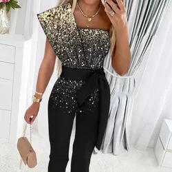 Summer Bodysuit Sexy Party Overalls Solid Sleeveless Women Jumpsuit Long Pants Rompers Lace-up Slim-fit Sequin Women's Trousers