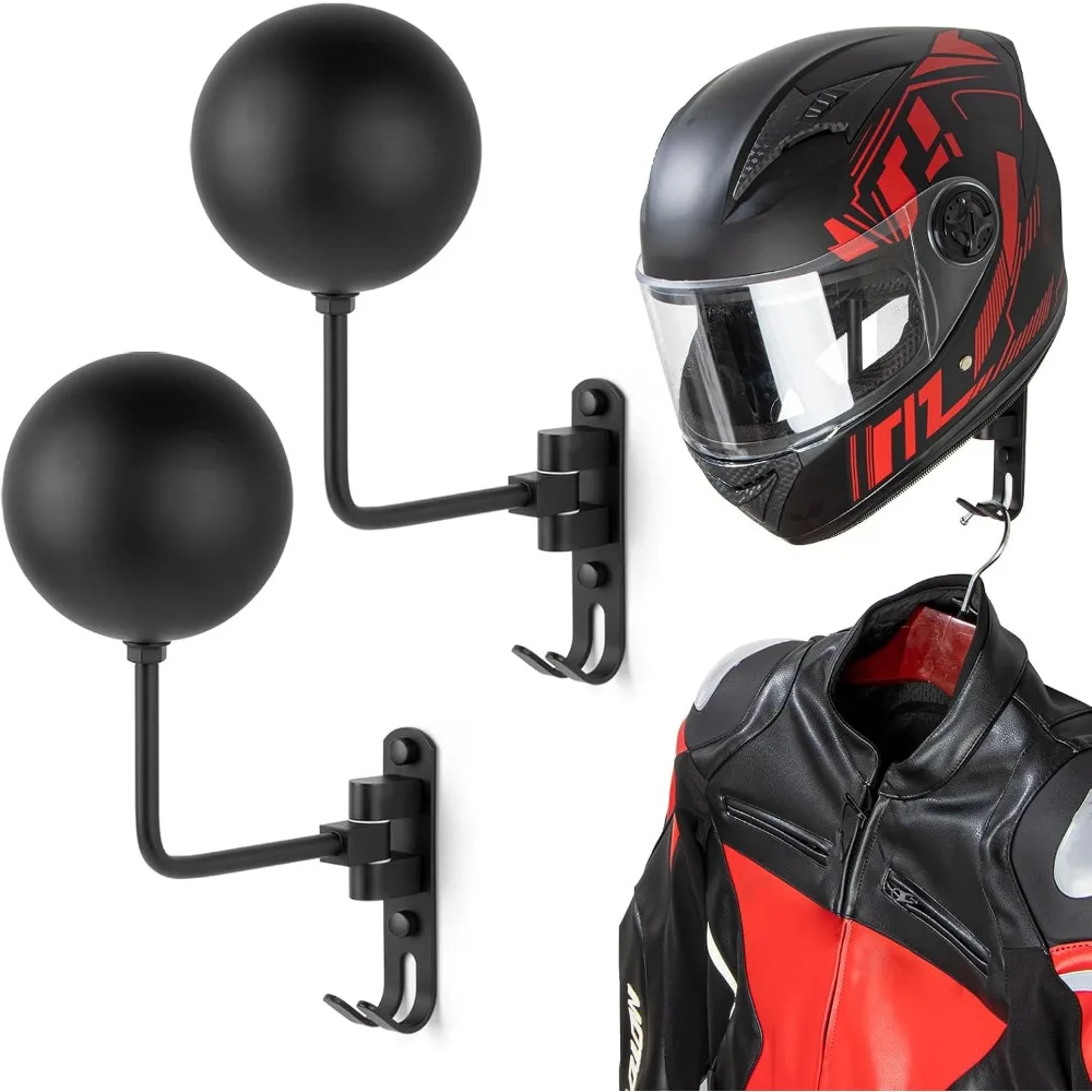180° Rotating Wall Mount Motorcycle Helmet Holder with Hooks for Bike Moto Hats Jackets Keys Garage Storage Rack