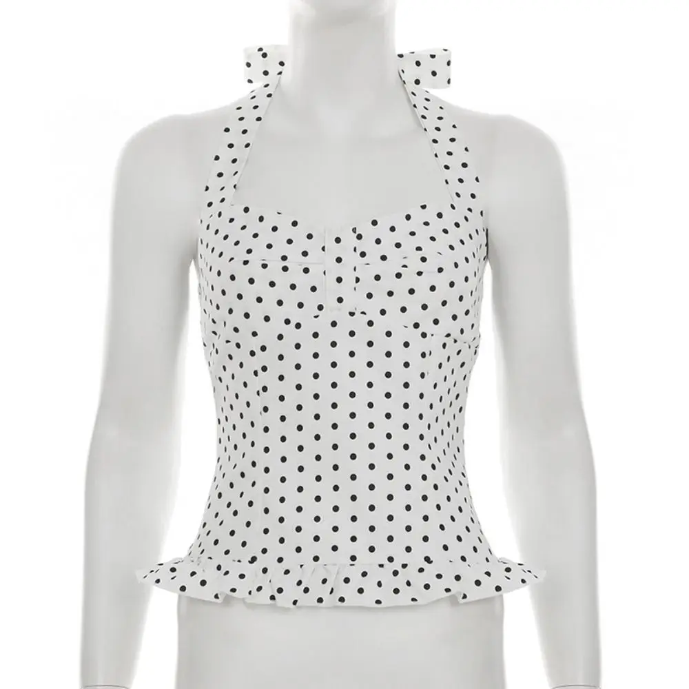 

Stylish Dot Short Sleeve Crop Top Lace Up Y2k Halter Ruffle Vest Top Slim Fit Chic Women Camisole Streetwear