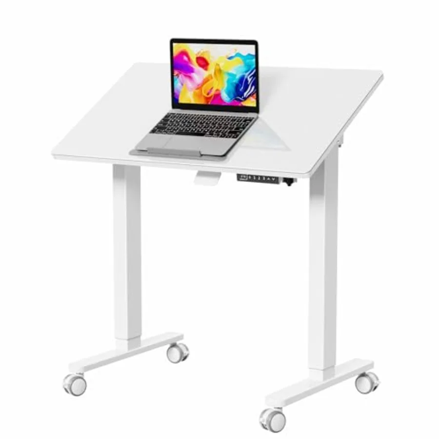 

35inch Glass Standing Desk for drafting/drawing, white tempered glass, 90 tiltable and height adjustable, mobile with wheels, f