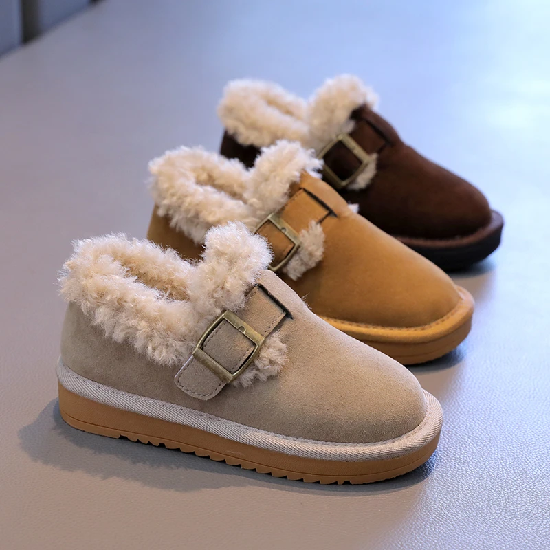 Kids Faux‑Suede Sherpa‑Lined Winter Moccasin Shoes, Adjustable Metal Buckle Strap Flat Warm Kids Winter Shoes