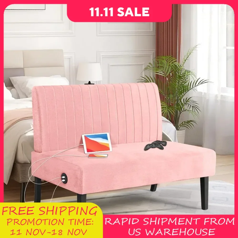 

Mini Small Comfy Couch Armless Loveseat Sofa for Bedroom with USB Port, Velvet Pink Small Couches