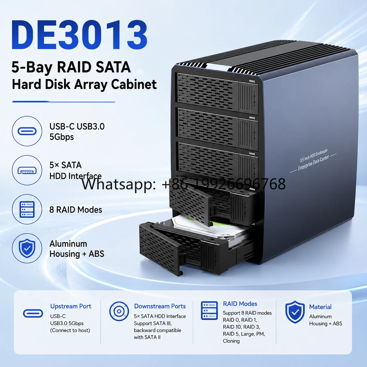 5-Bay SATA RAID Enclosure USB 3.0 HDD/SSD Array Cabinet 8 Modes Clone Fan Cooling for NAS Server Storage Backup