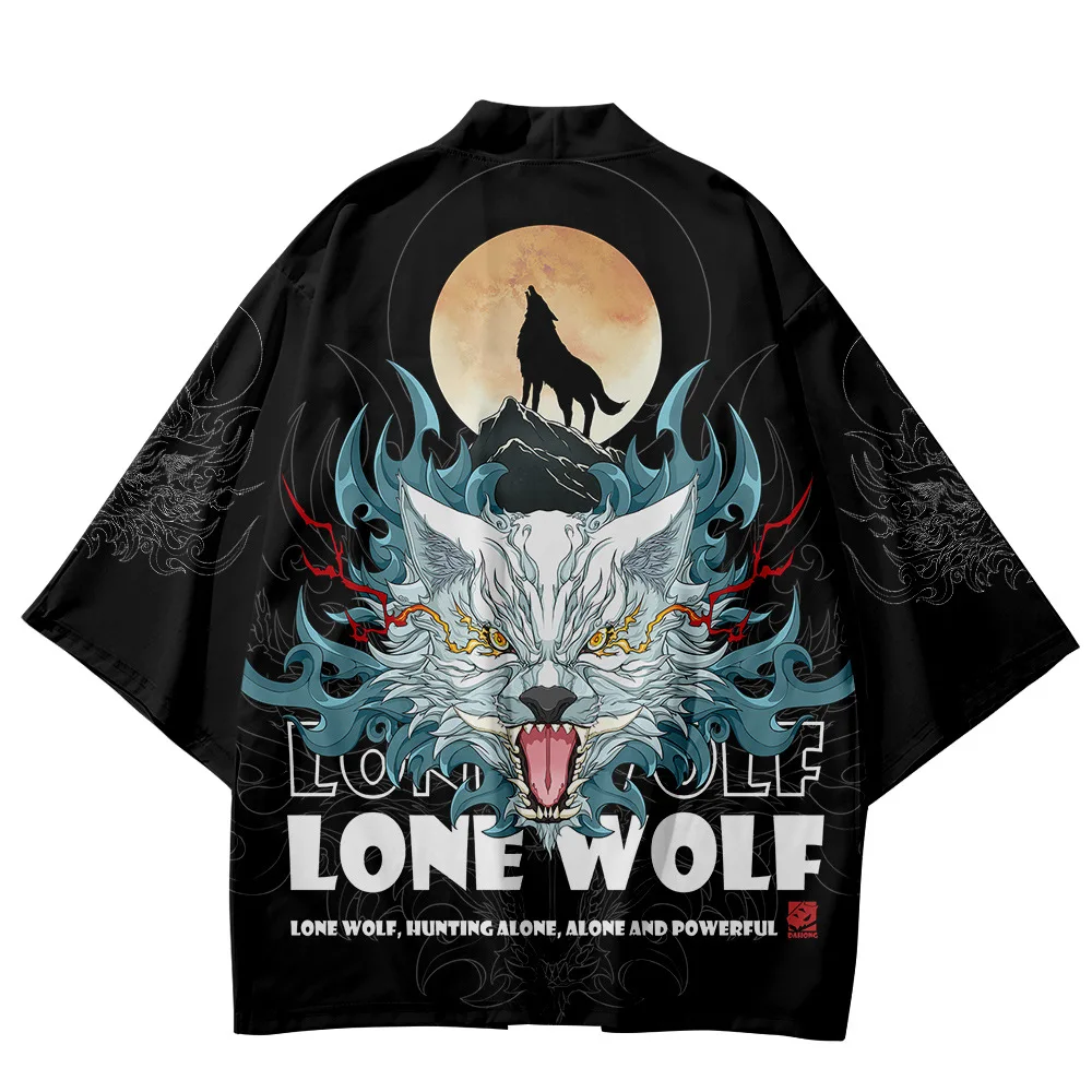 Fashion Oversized Lone Wolf Print Cardigan Women Men Japanese Kimono Harajuku Cosplay Shirts Yukata Haori Plus Size 6XL 5XL