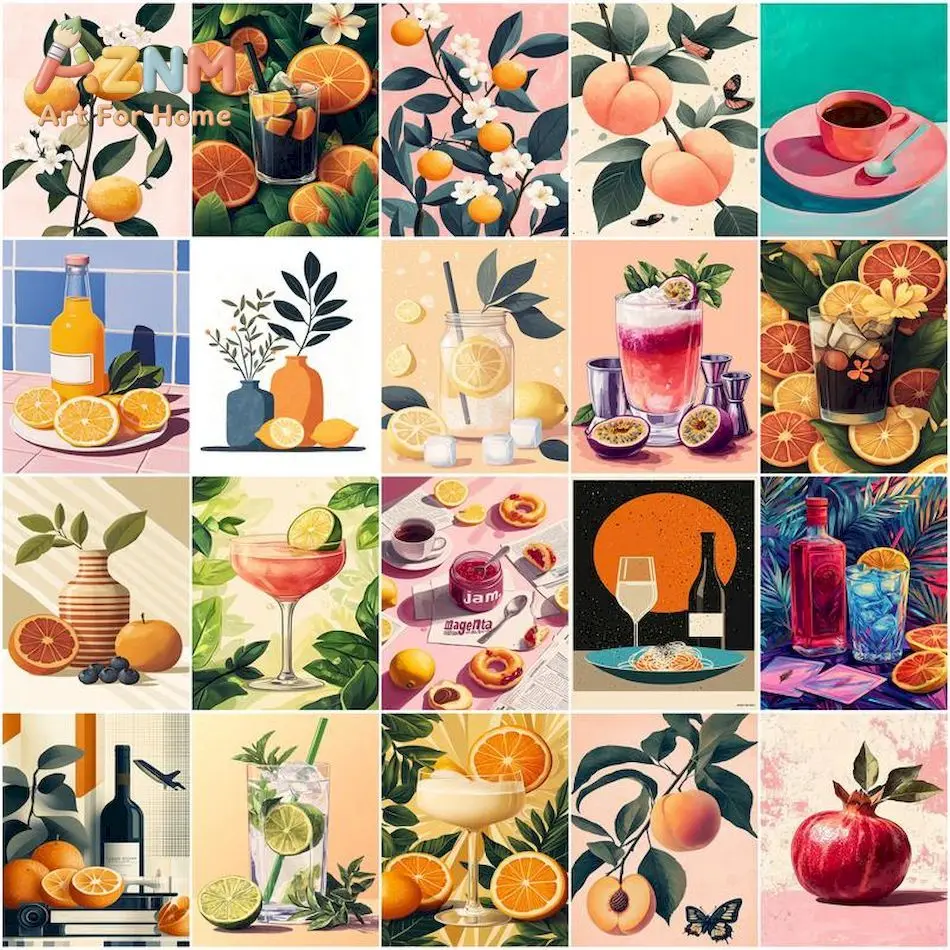 AZNM Colorful Fruit Drink Canvas Wall Art, Orange Peach Cocktail Coffee Wine Flat Illustration Print, Vibrant Kitchen Dining Roo