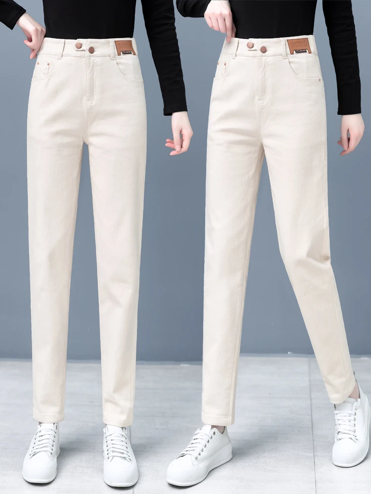 

Женские джинсы с высокой талией, повседневные, свободного кроя, с эластичным поясом, из хлопкового стрейч-денима, прямые, стройнящие, в стиле Харлан, весна-осень, новинка