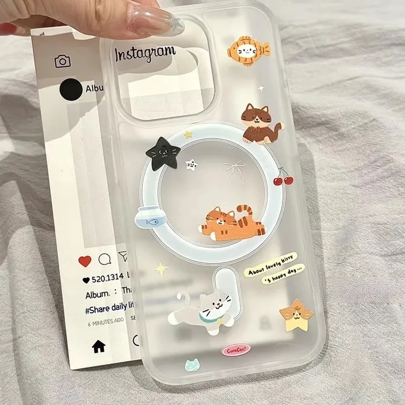 بسيطة الكرتون مضحك لطيف القط ل Magsafe اللاسلكية تهمة جراب هاتف آيفون 11 12 13 14 15 16 17 الهواء برو ماكس زائد Y2K غطاء