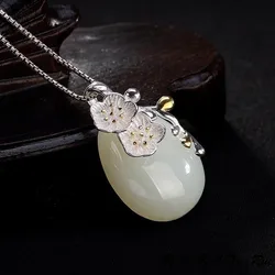 Classic Natural Hotan Jade Water Drop Pendant 925 Silver Simple glossy Cherry Blossom Necklace Small Fresh Wedding Jewelry