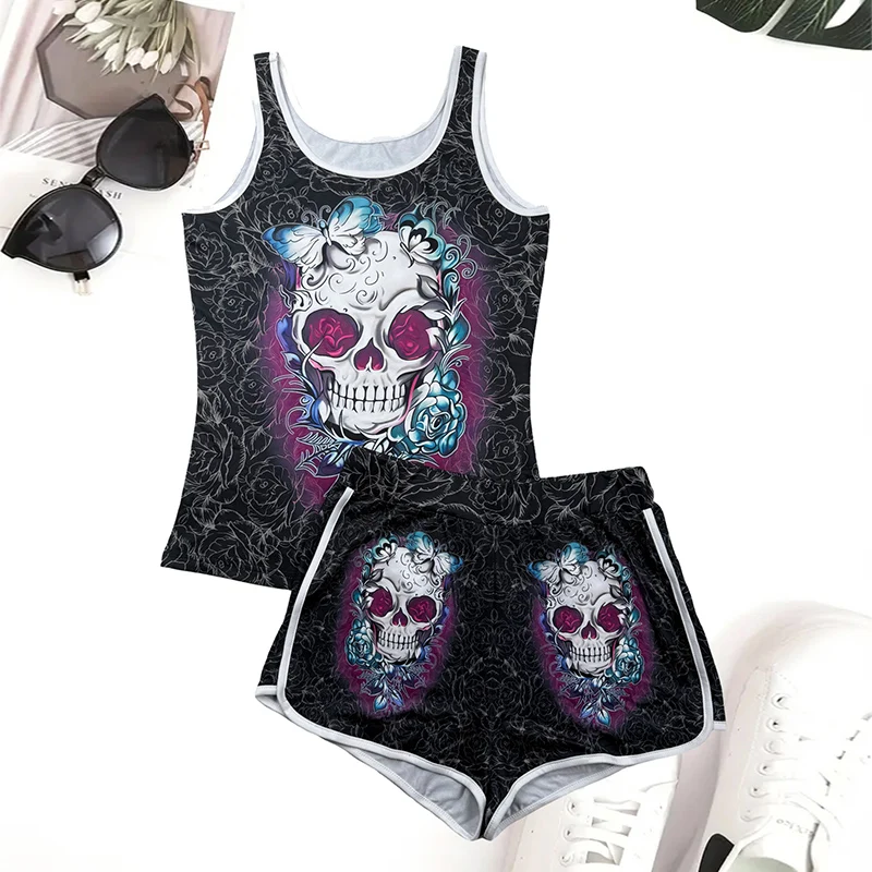 

Ladies' new fashionable skull print short-sleeved shirt and shorts two-piece summer set women