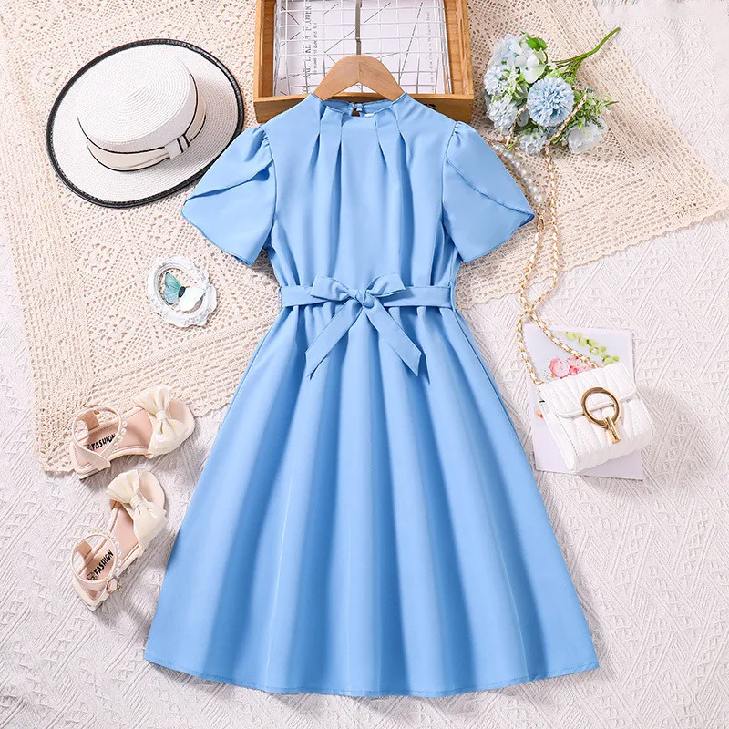 

Toddler Girls Short Sleeve Long Dress 2024 Summer New Solid Color Pleated Dress Elegant Belted Dresses For Girls 7 9 10 12 Years