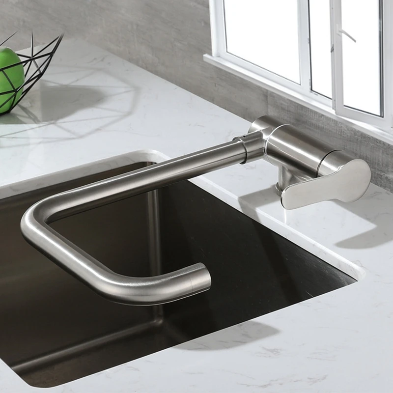 Front Window Folding Kitchen Faucet Stainless Steel 360° Rotation Sink Hot And Cold Mixer Water Tap With Hose