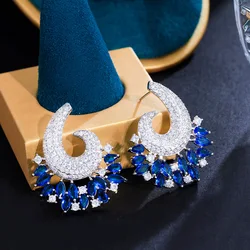 CWWZircons Luxury Green Blue Cubic Zirconia Big Flower Brand Stud Earrings for Women Wedding Fashion Costume Jewelry Gift CZ442