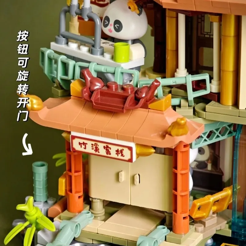 JAKI-bloques de construcción Panda Bamboo Creek Inn Street View, montaje de partículas pequeñas, juguete para niño y niña, modelo ornamental, regalo de Festival