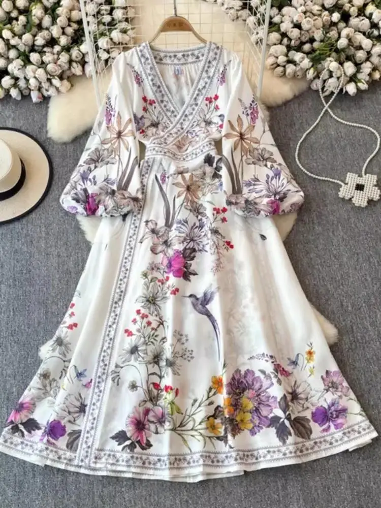 Abito da donna vintage con scollo a V incrociato manica lunga a lanterna con stampa floreale Autunno Bohemian Flower Beach A Line Belt Bandage Wrap Vestidos