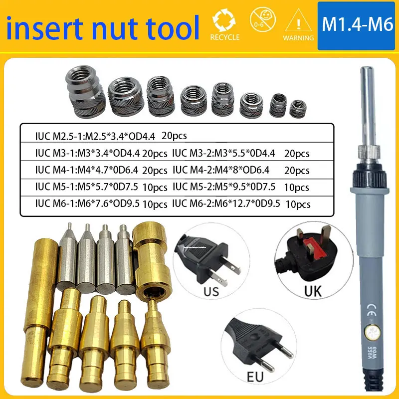 

M1.4 M1.6 M2 M3 M4 M5 M6 Soldering Iron Tip and Stainless Steel Heat Insert Nut Set Threaded Insertion Tool Embedded 3D Printing