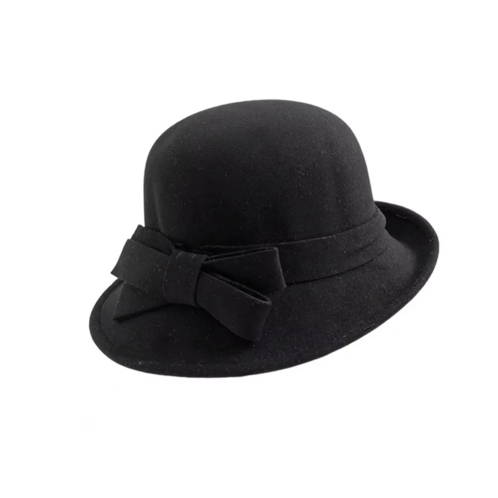 

Jazz Cap Felt Wool Bucket Hat Bow Flat-top Mourning Cap Cloche Fedora Cap French Style Black Topper Hat Winter