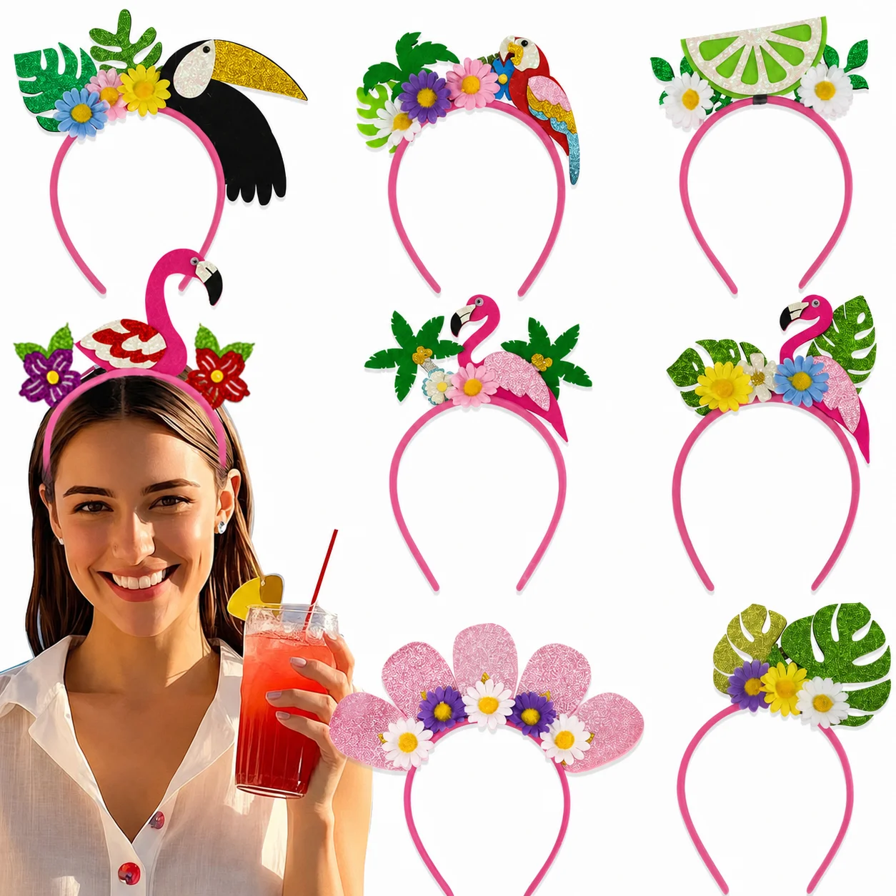 Diadema Hawaiana para Fiesta, con Brillantina Tropical, Flamencos, Flores y Hojas de Palma, para Disfraces de Playa de Verano