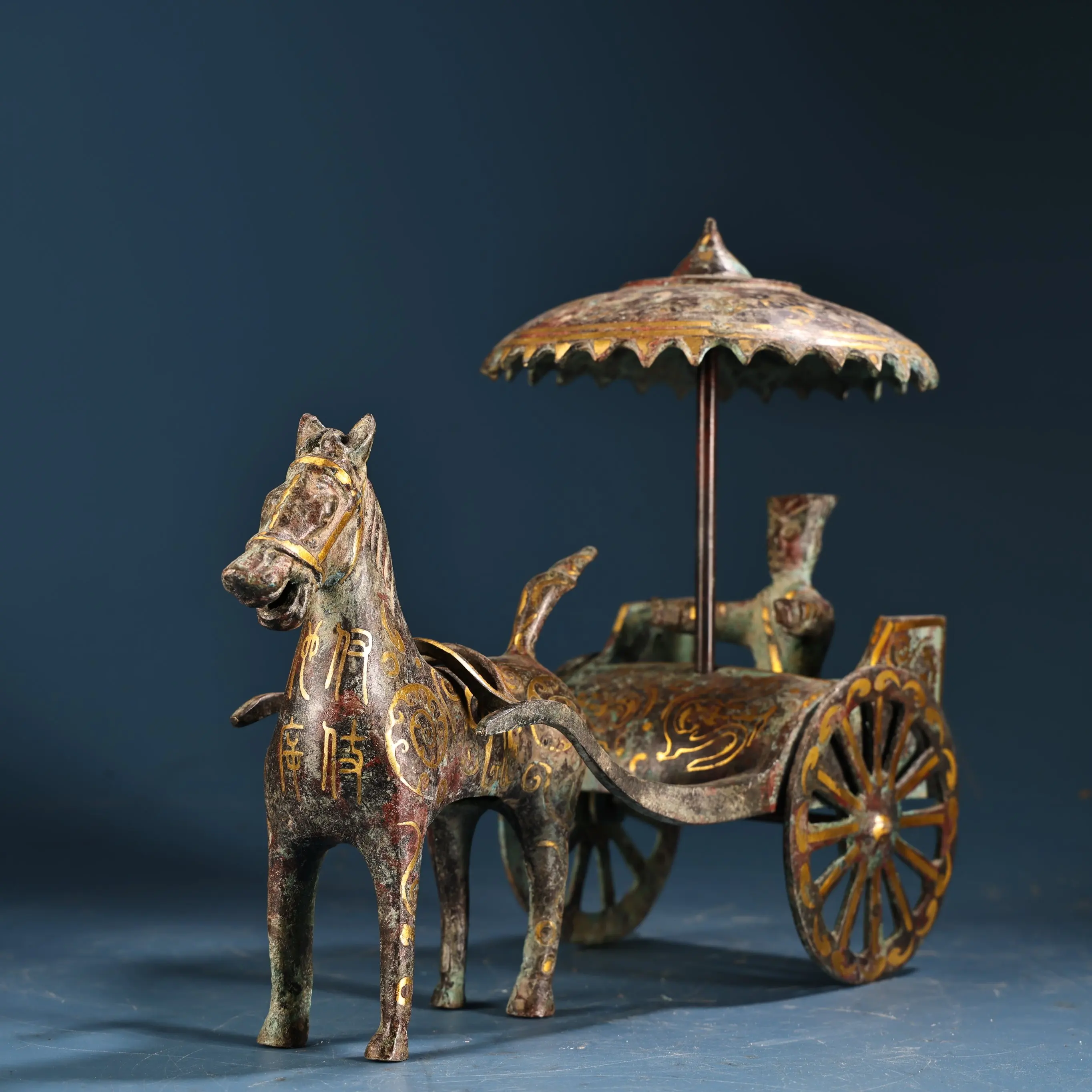 Tibet Folk Old Bronze Gilded Inscription Oracle Bone Script Pattern Horse Drawn Cart Statue Ancient Chariots Amass wealth