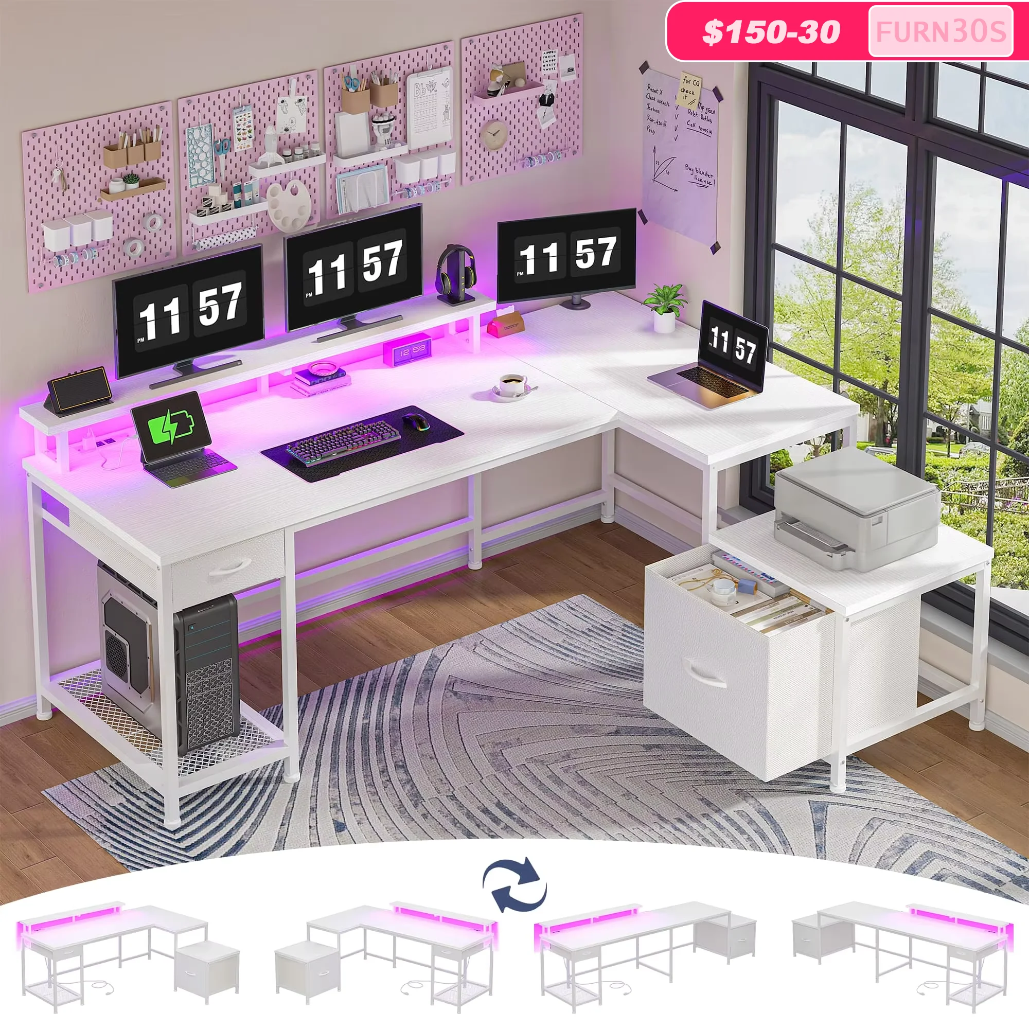EnHomee 63“ L Shaped Gaming Desk, Reversible Corner Computer Desk with RGB LED Lights, Power Outlets, Drawers Storage & Dual Monitor Stand, Heavy Duty Metal Frame Home Office Desk