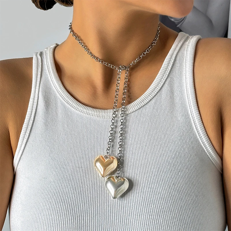 Vintage Two Heart Pendant Adjustable Necklace Women's Personalized Chain Long Necklace Metal Girls Fashion Sweater Jewelry