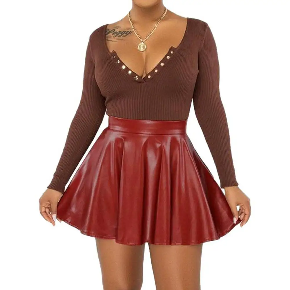 

Ladies Pure Color PU Skirt Umbrella Skirt Ciwalk Sle Mid-Year Women's f-length Skirts Faionable And Ele