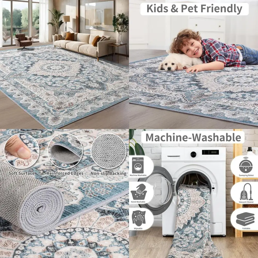 

Vintage-Style Living Room Rugs, 8x10, Machine Washable, Non-Slip with Rubber Backing, Low Pile Design