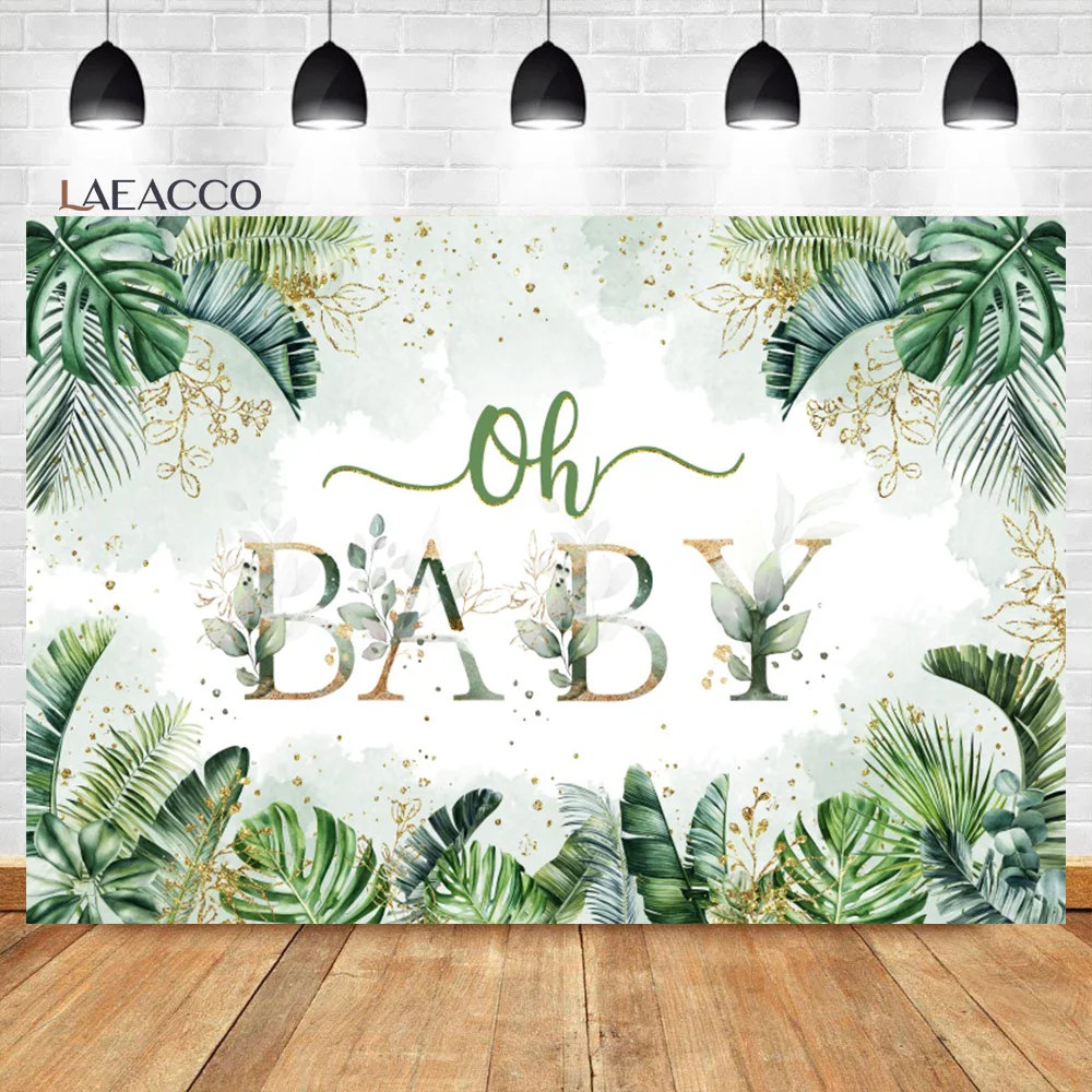 

Laeacco Greenery Oh Baby Backdrop Glitter Gold Eucalyptus Neutral Green Leaves Baby Shower Boy Portrait Photography Background