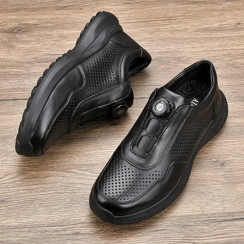 Genuine Leather Shoes Men Luxury Original Athletic Walking Rotary Buckle Sneakers Hollow Breathable Hole Outdoor Loafers Street