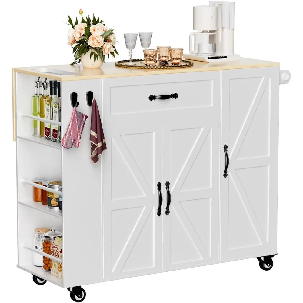 

41.3'' White Rolling Kitchen Island with Drop Leaf, Mobile Breakfast Nook, Extended Countertop, Shelves & Drawers