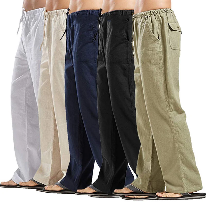 

Summer Men's Linen Long Pants Loose Casual Sports Trousers Solid Color Breathable Elastic Lightweight Drawstring Casual Trousers