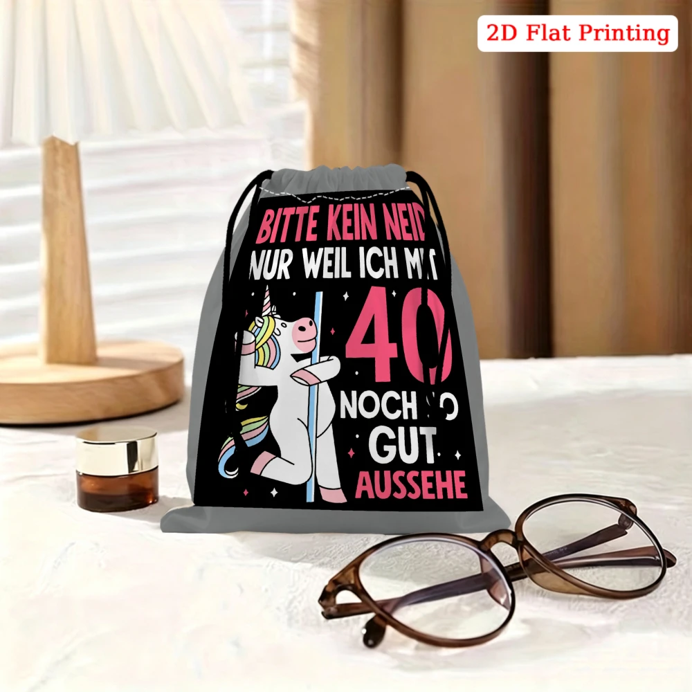 1pc Cartoon Unicorn 40Th Birthday Drawstring Bag Black German Text Print Storage Small pouch For Party Gift Cosmetics Organizer