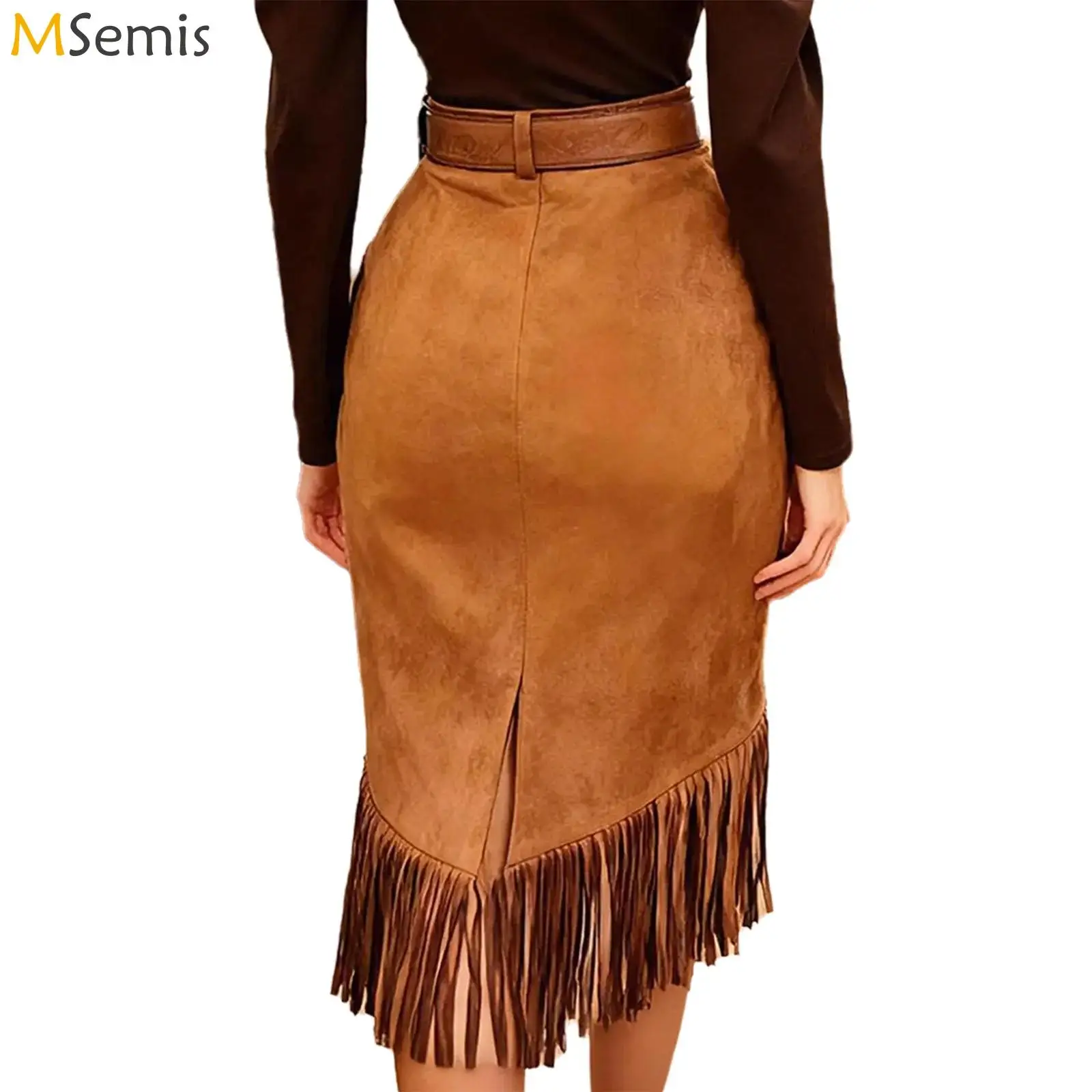 

Womens Vintage Cowgirl Tassel Pencil Skirt Fringe Wrap Hem Side Zipper Faux Suede Bodycon Skirt Clubwear Rave Party Streetwear