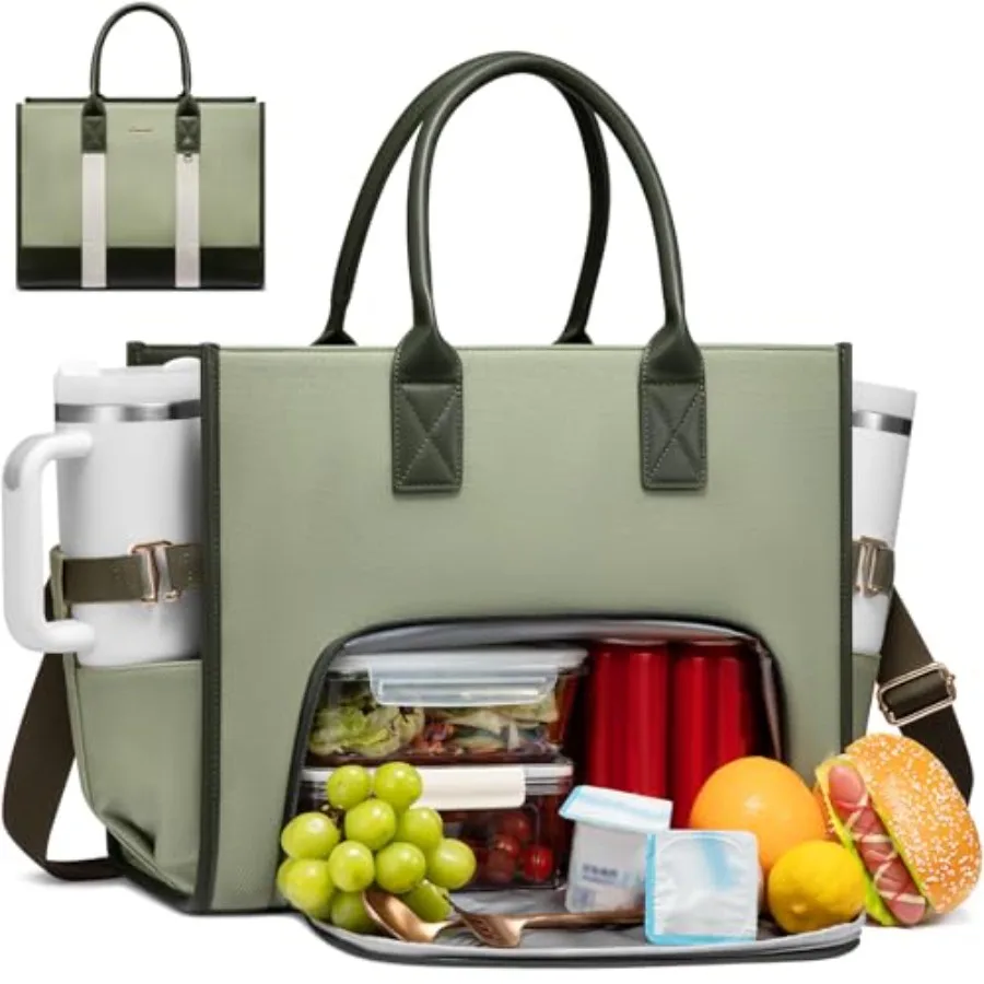 

Work Tote Bag with Lunch Compartment and Giant Tumbler Holder 15.6 Inch Waterproof 3 in 1 Laptop Bag for Women Men with Padded