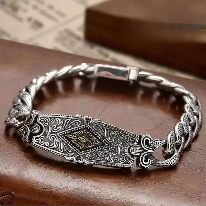 Vintage Engraved Eternal Vine Pattern Tag Bracelet, Street Hip Hop Punk Style, Unisex Retro Exquisite Wrist Bangle Jewelry Gift
