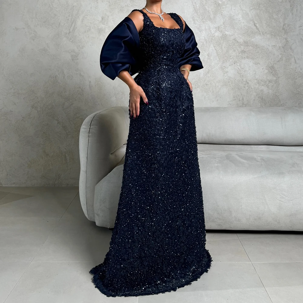 

Customized A-line Evening Dresses Floor-length Square Collar Sleeveless Prom Gown Fashion Sequined Flowers Draped Party Gown