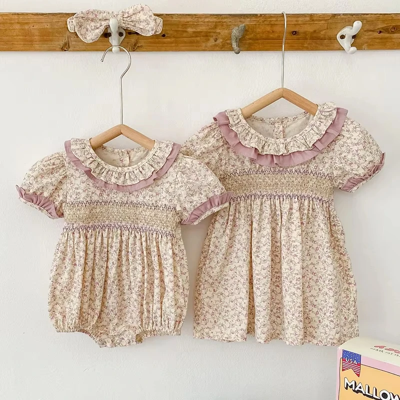 New 1-5Yrs Summer Baby Girl Clothes Short Sleeve Lace Flower Girls Dress Cotton Baby Romper Princess Dress Famil Matching Sister