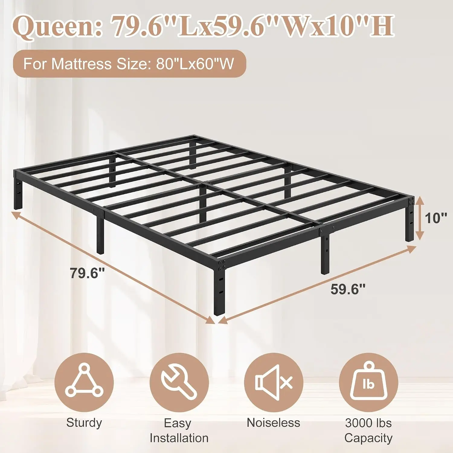 10 Inch Queen Metal Platform Bed Frame No Box Spring Needed Heavy Duty Steel Slats Non-slip Noise Free Easy Assembly, Customized