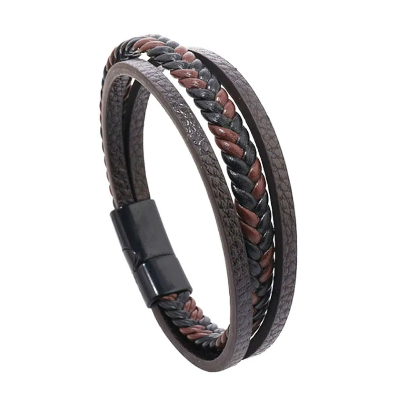 Meerlaagse gevlochten touwarmbanden voor mannen, klassieke handgemaakte PU-lederen polsband met magnetische gesp, trendy punk-sieradencadeau
