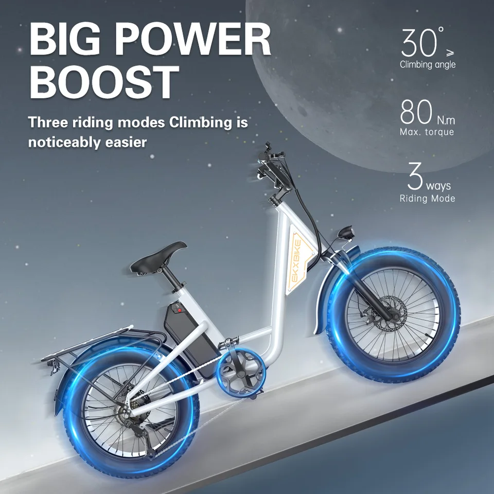 EKX L1 Adult Electric Bike 1000W Motor（1400W peak）34MPH, 48V 15.6Ah Removable Battery With 20''4.0 Fat Tire 7 Speed Urban Ebike image 6