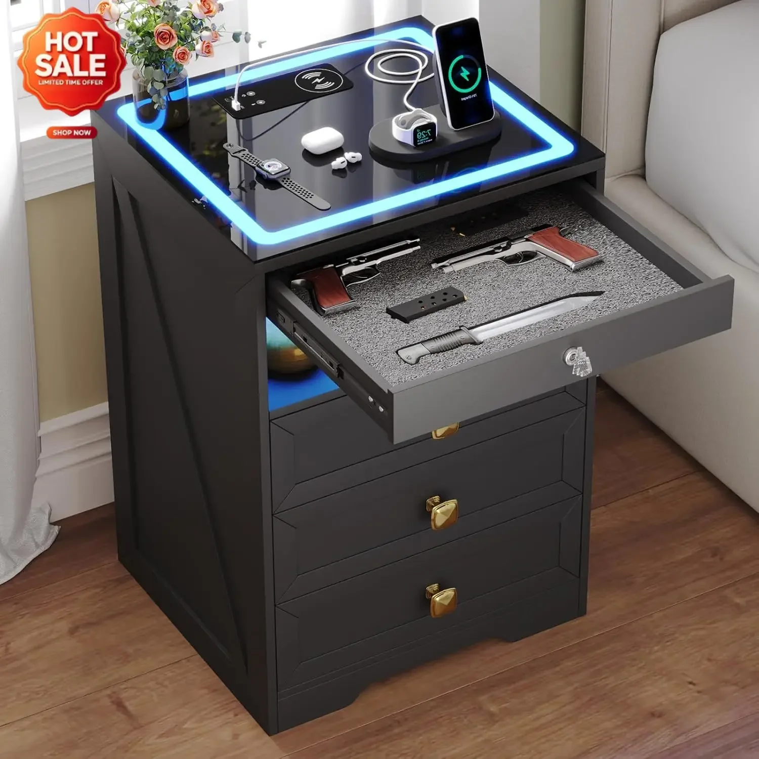 Smart LED Nightstand with Lockable Gun Drawer & Glass Top（Black） | Modern Bedside Table with Charging Station and Hidden Storage