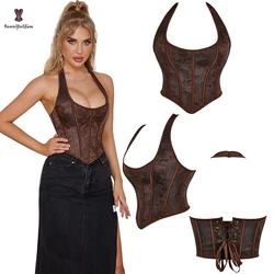 Brown Steampunk Clothing Retro Chest Binder Bustier Halterneck Corset Top Women Corselet Plus Size