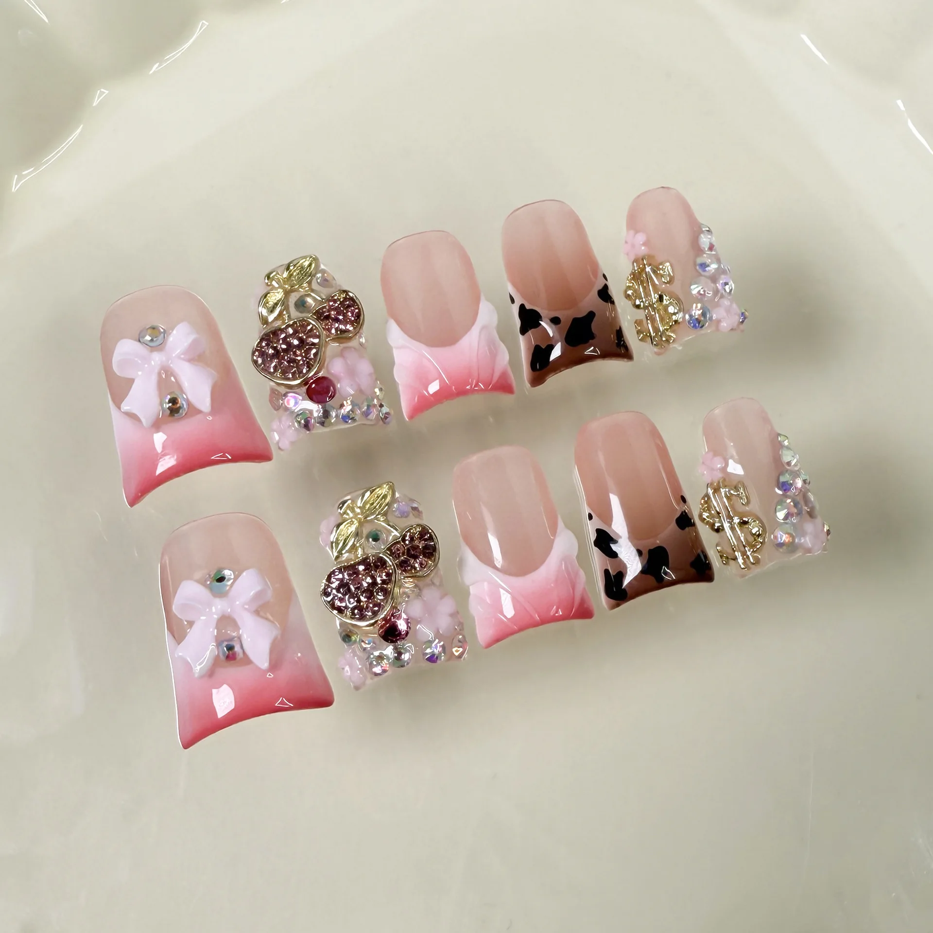 10 قطعة Bowknots الحلو الأبيض اضغط على الأظافر الوردي الفرنسية نمط بريق الماس اللؤلؤ ديكور اليدوية أظافر صناعية أحمر الخدود منقار البط الأظافر #3