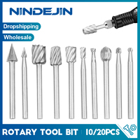 NINDEJIN 10/20pcs Woodworking Rotary Burrs Set 3mm Round Shank High Speed Steel Wood Milling Cutter File Dremel Accessories