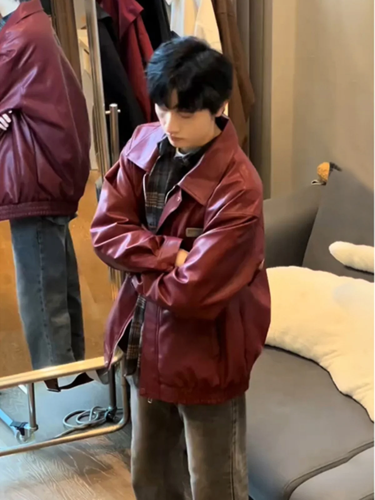 

Куртка-пилот Ankela из красной кожи для мужчин, весна-осень, винтажная, с отложным воротником, в стиле бейсбольной куртки, из полиэстера, молодежная, трендовая