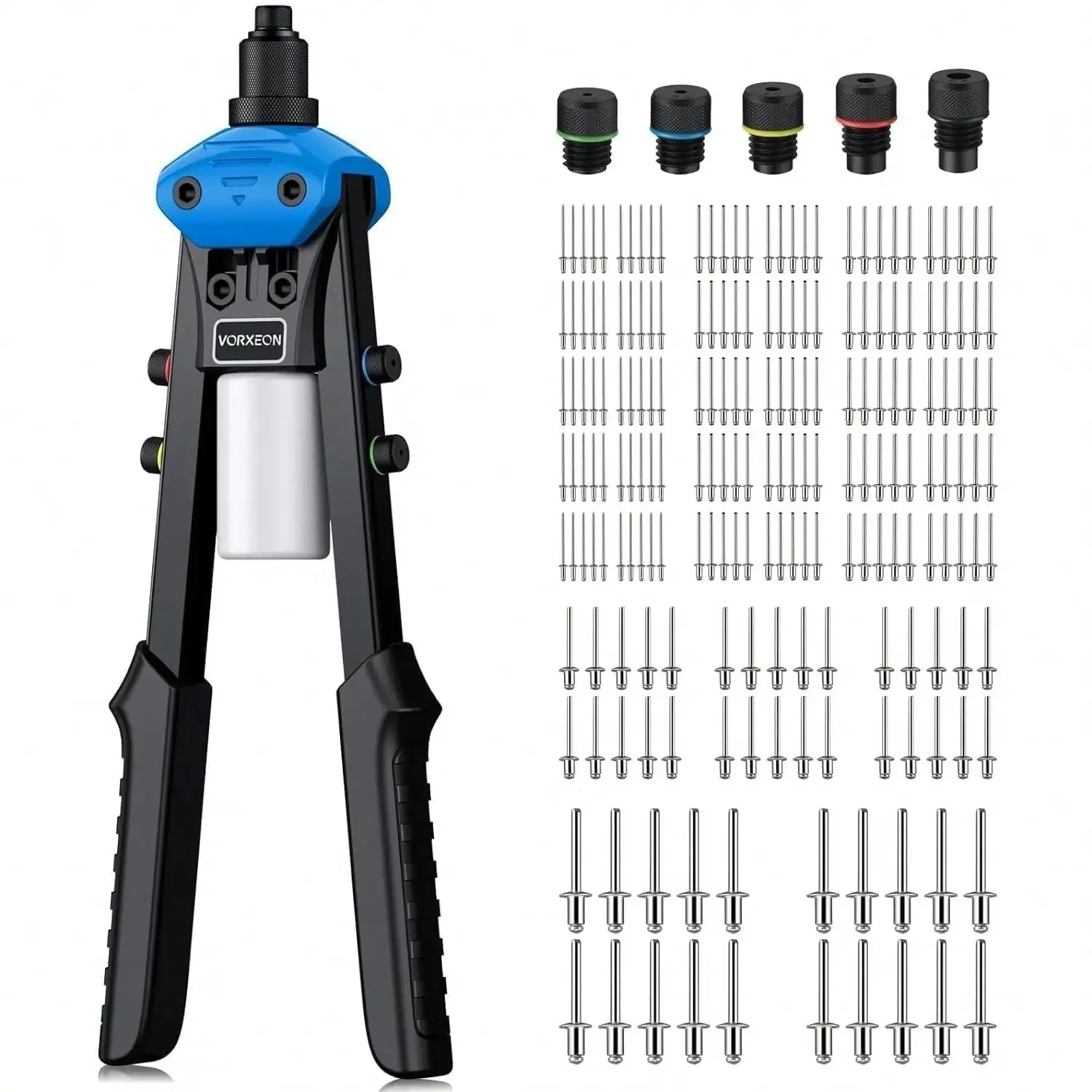 Rivet Gun 13in 34cm Professional rivet gun set with 200Pcs Different sizes Rivets 5 Replaceable Noses for Furniture Car Boat