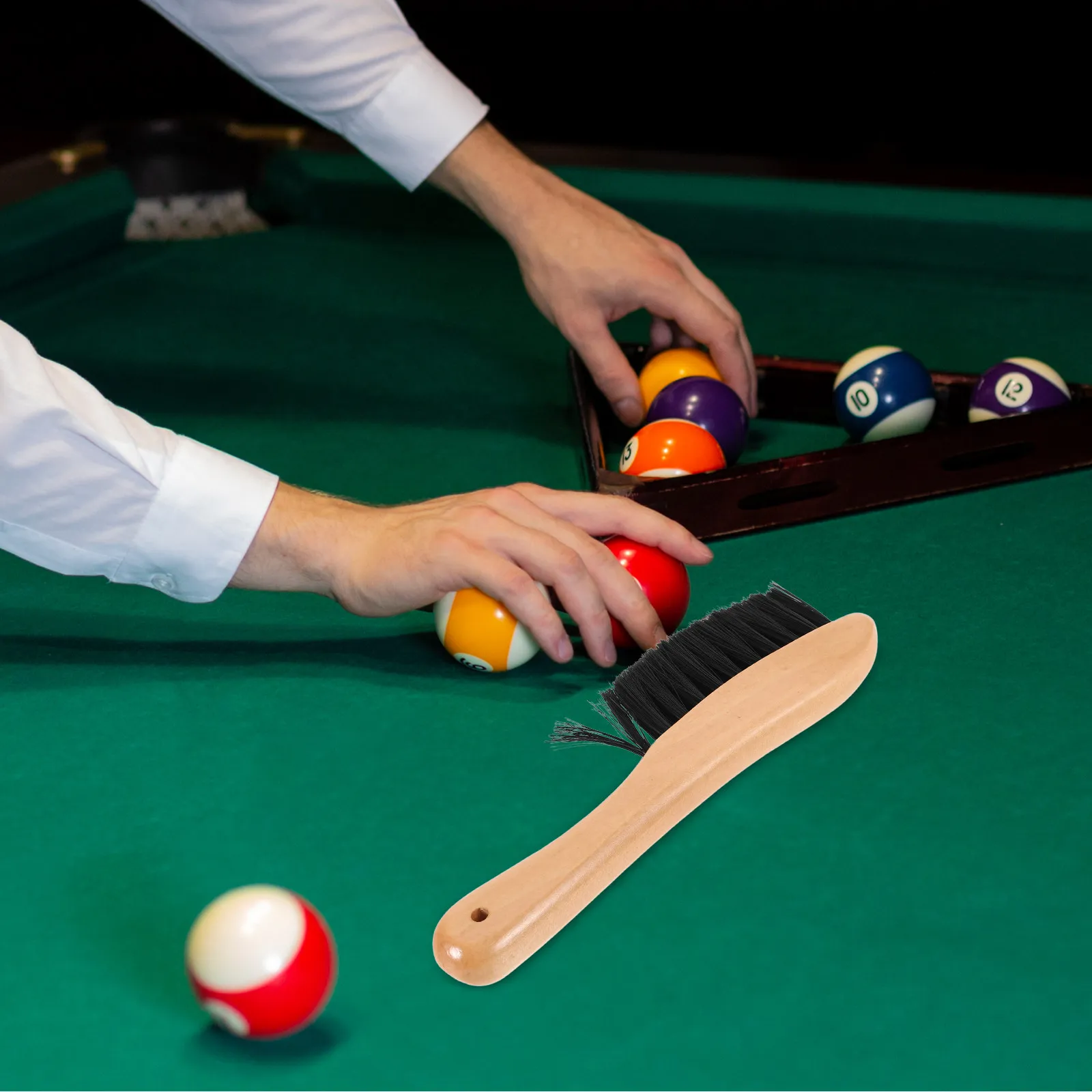 

Billiard Table Cleaning Brush with Solid Wood Handle and PVC Bristles for Pool Table Felt Rails Corners Gap Debris Removal