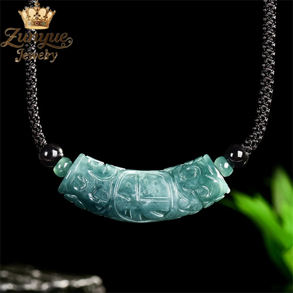 

Genuine Natural A - Grade Jadeite Blue Water Fu Character Curved Stripe Engraved Pendant Luxury Quality Jewelry Charms Exquisite